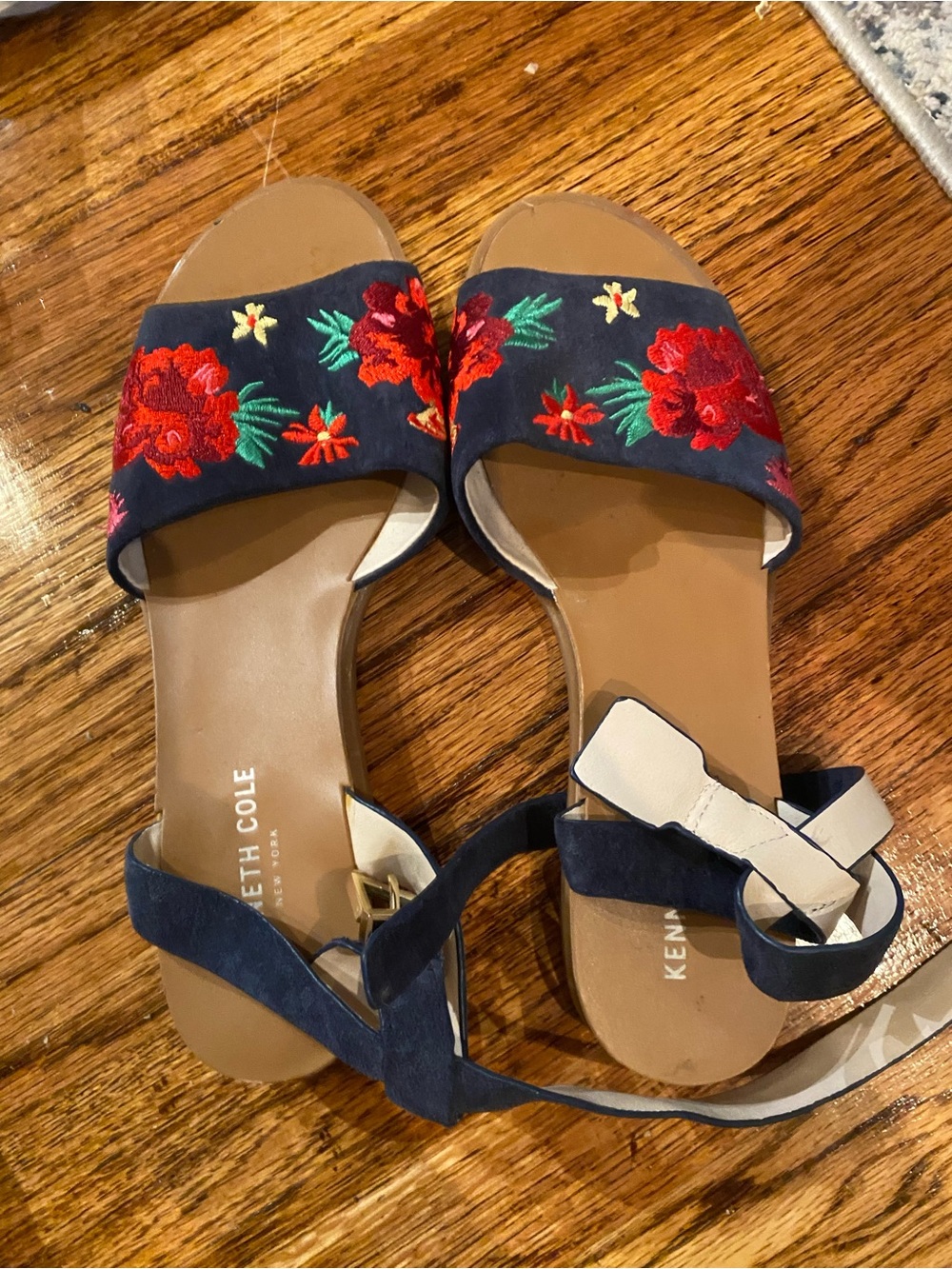 Kenneth Cole Navy Slide Sandals with Red Floral Embroidery